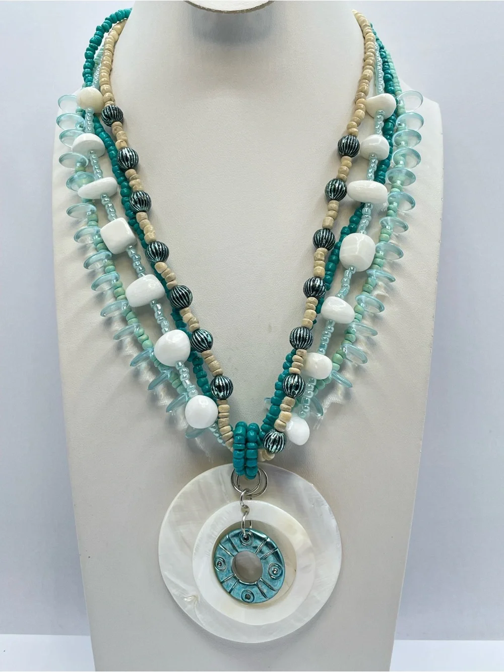 Mother Of Pearl Disc Multi Strand Beaded Beach Statement Necklace Boho Bold